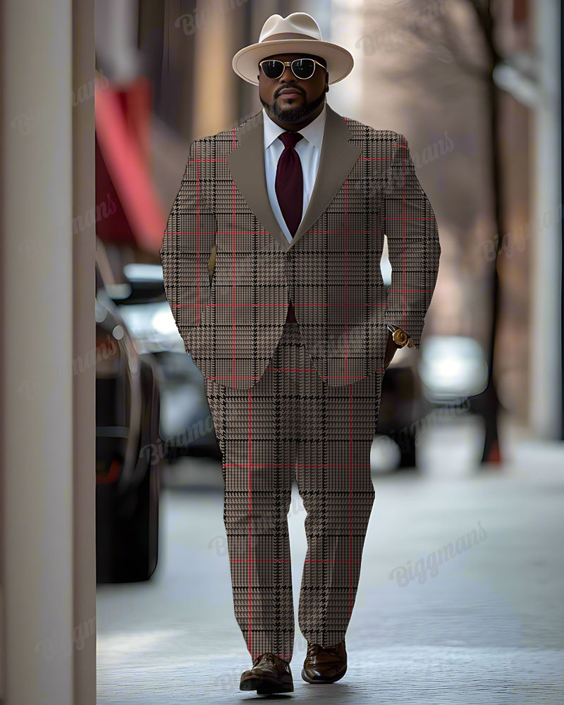 Men's Plus Size Business Brown Plaid Print Suit Jacket Trousers Suit