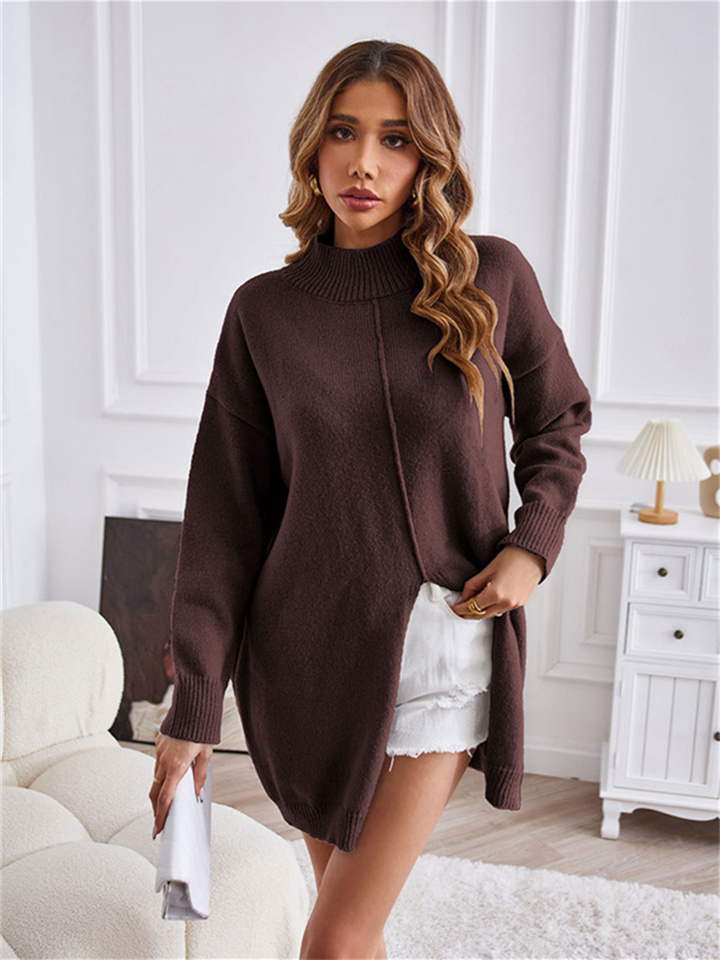 Winter New Solid Color Half-high Neck Pullover Knit Sweater Fashion Mid-length Open Sweater Women's Clothing