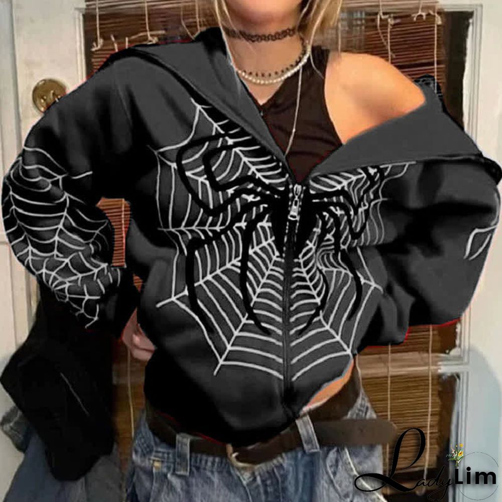Dark Spider Web Print Full Zip Hooded Sweatshirt