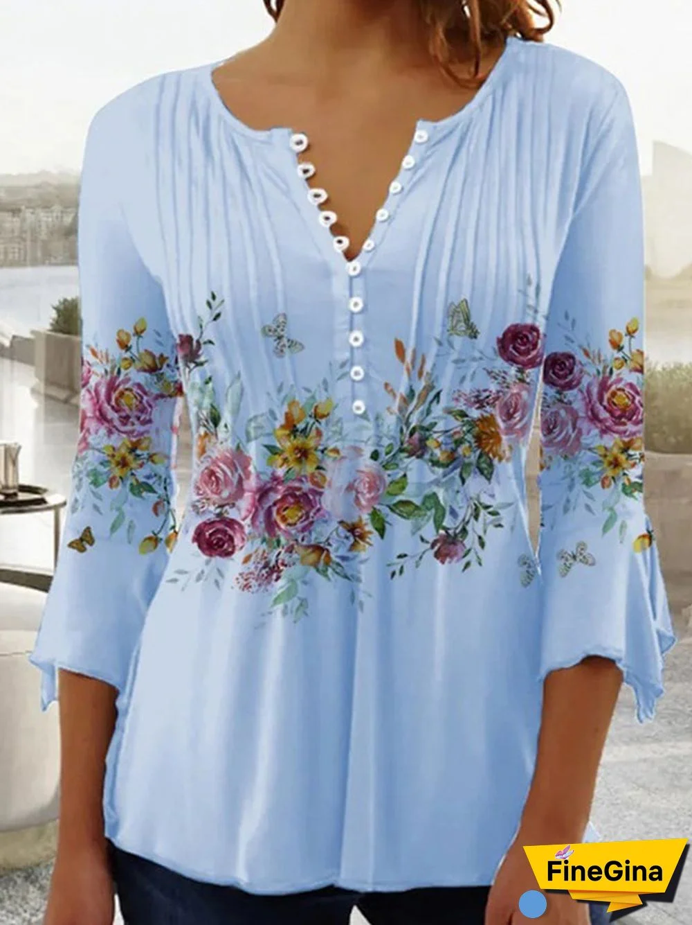 Solid Color V-neck Short-sleeved Pleated Button Casual Top