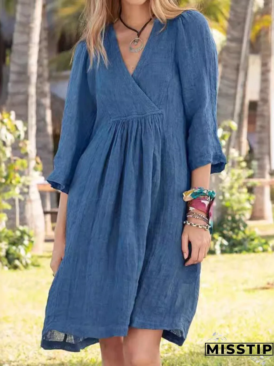 V-neck Cotton and Linen Casual Dress