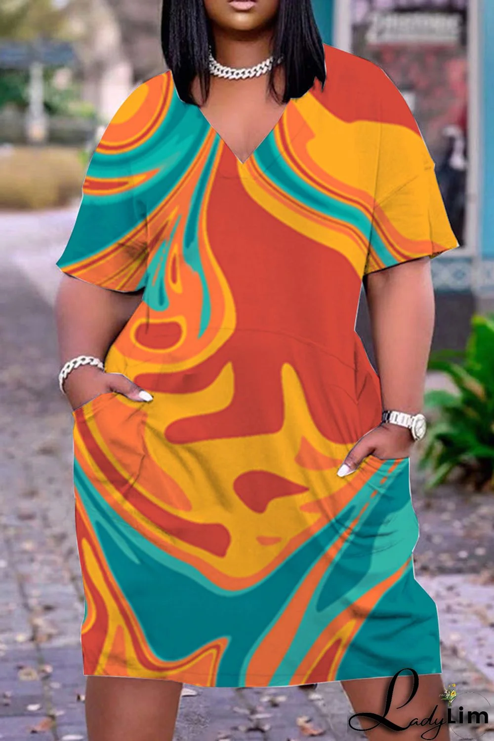 Red Yellow Fashion Casual Print Basic V Neck Short Sleeve Dress Dresses