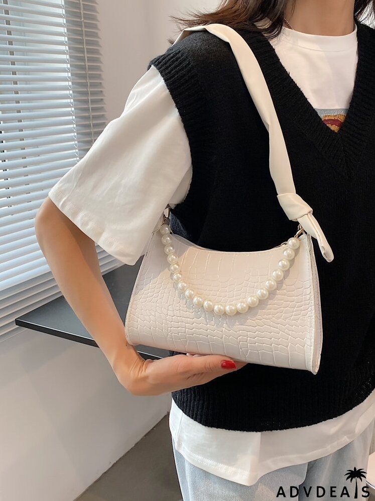 Faux Pearl Beaded Croc Embossed Shoulder Bag