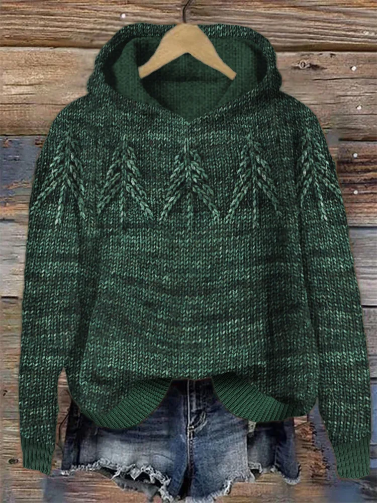 Forest Christmas Trees Crochet Jacquard Cozy Knit Hoodie