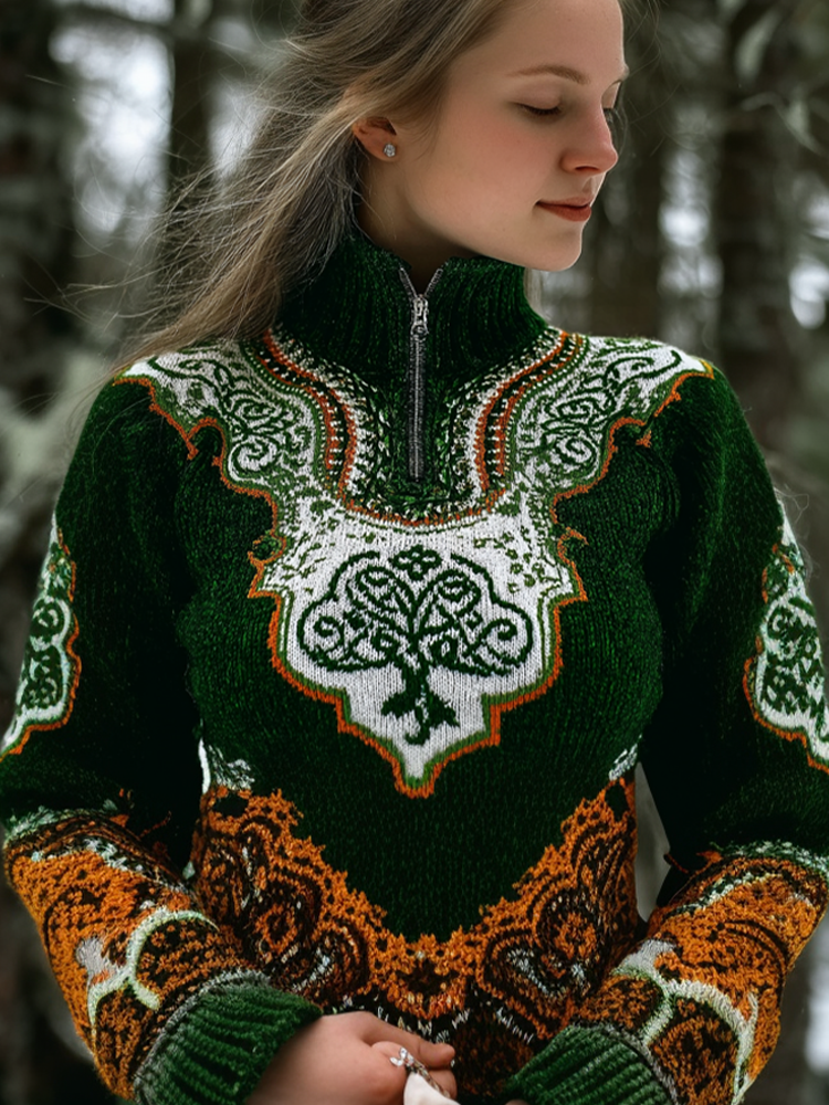 St. Patrick's Day Shamrock Pattern Women's High Neck Half Zipper Sweater wearshes