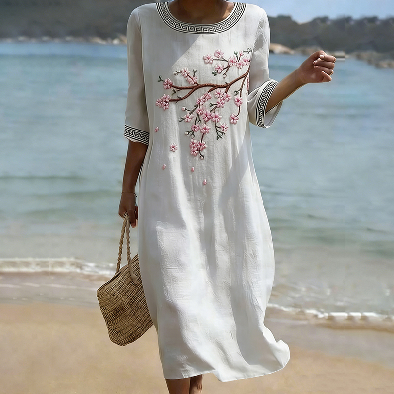 Women's Japanese Floral Art Linen-blend Dress elevenforest