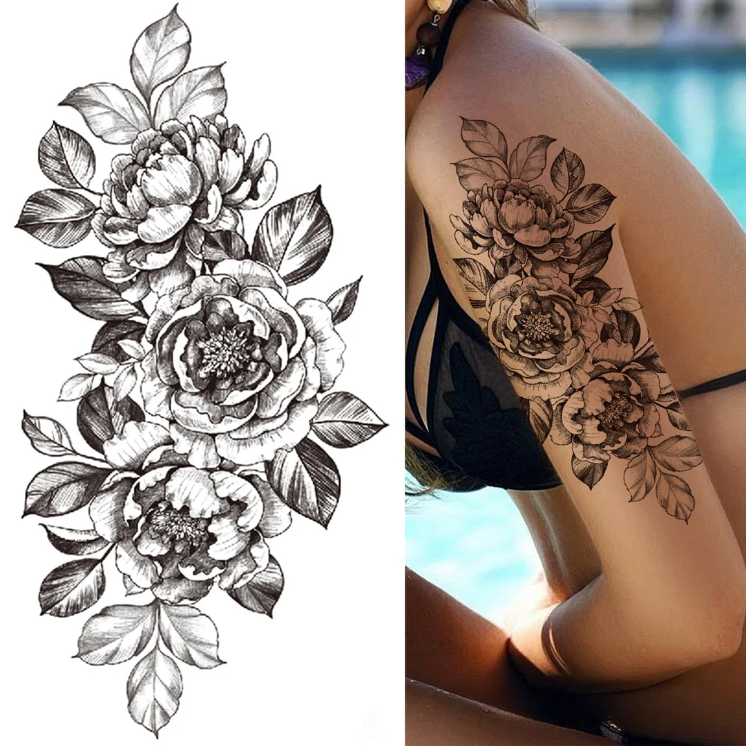 Black 3D Rose Temporary Tattoo For Women Girls Adult Peony Dahlia Flower Tattoos Sticker Black Flora Glory Geometric Arm Tatoos