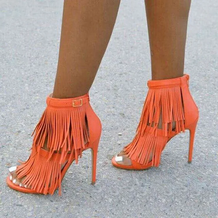 Orange Stiletto Heel Fringe Shoes Women's Strappy Zipper Sandals |FSJ Shoes