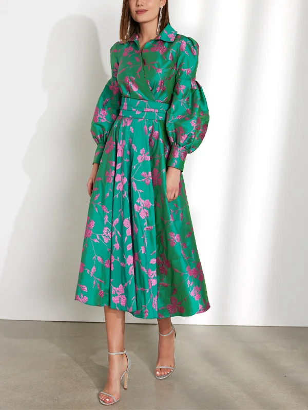 Lapel Print Midi Dress