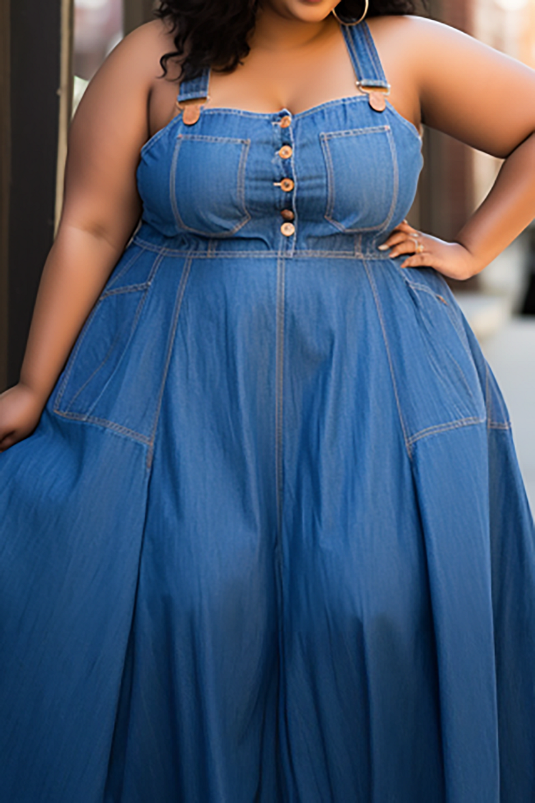 Xpluswear Design Plus Size Daily Blue Button Overall Tencel Denim Maxi  Dresses [Pre-Order]