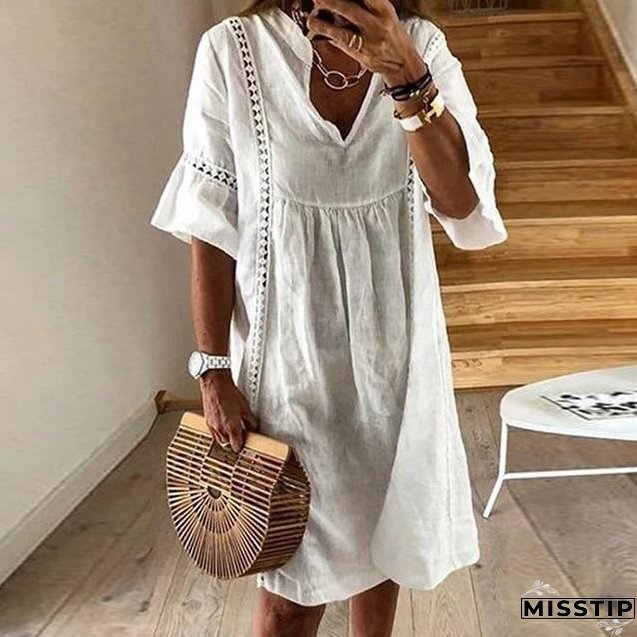 Women Sexy Hollow Out V-neck Mini Dress Floral Print Patchwork Dress Casual Beach Dress