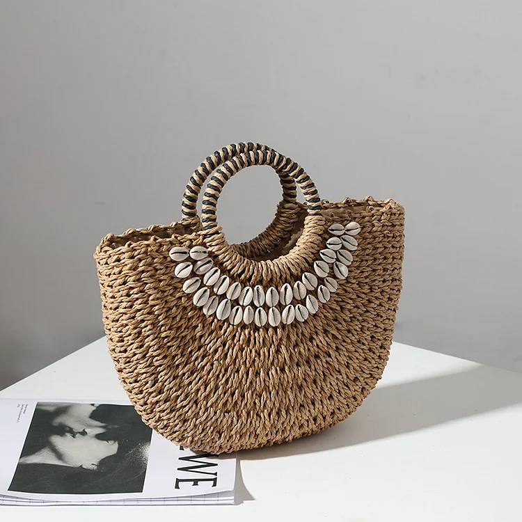 Straw Bag Hand-Held Semicircle Shell Handmade Straw Bag Woven Bag Women's Seaside Vacation Beach Bag VangoghDress