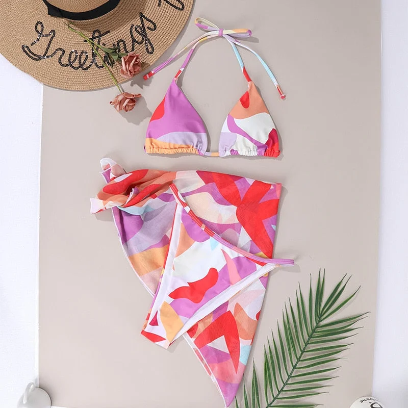 Peachtan Tie dye bikini 2021 Skirted swimsuit women High cut 3 piece suit halter swimwear female Triangle bathing suit Backless