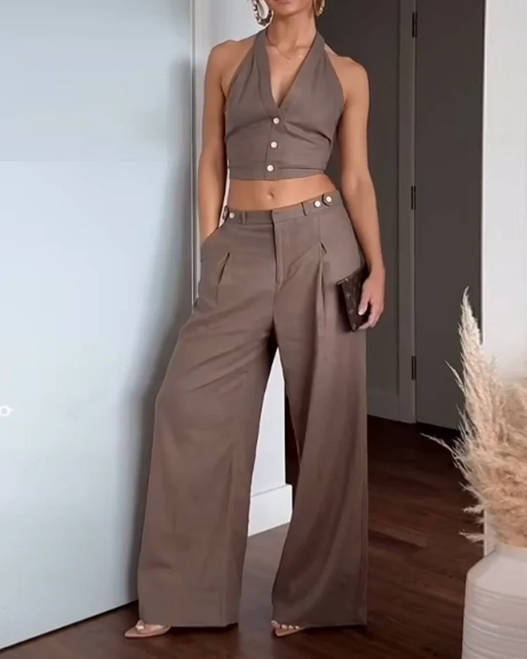 Sleeveless solid color tie two piece suit