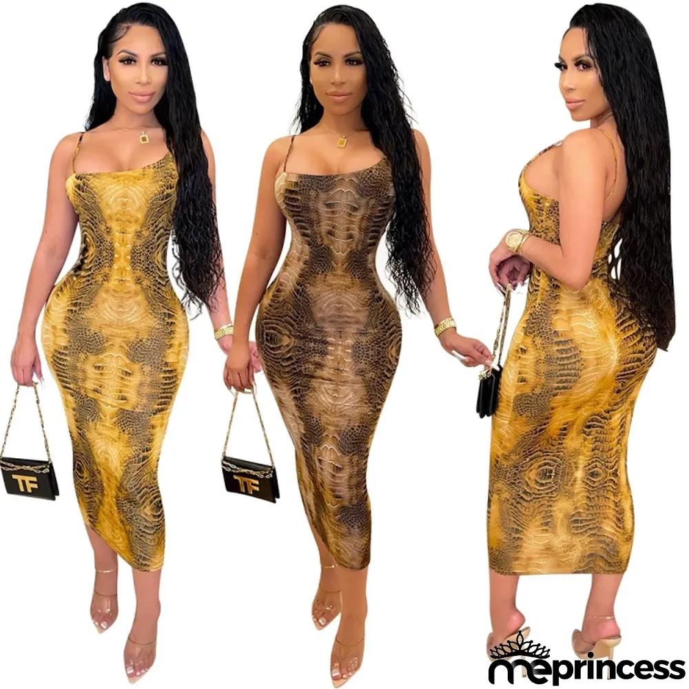 Fall Sexy Print Straps Sleeveless Long Dress