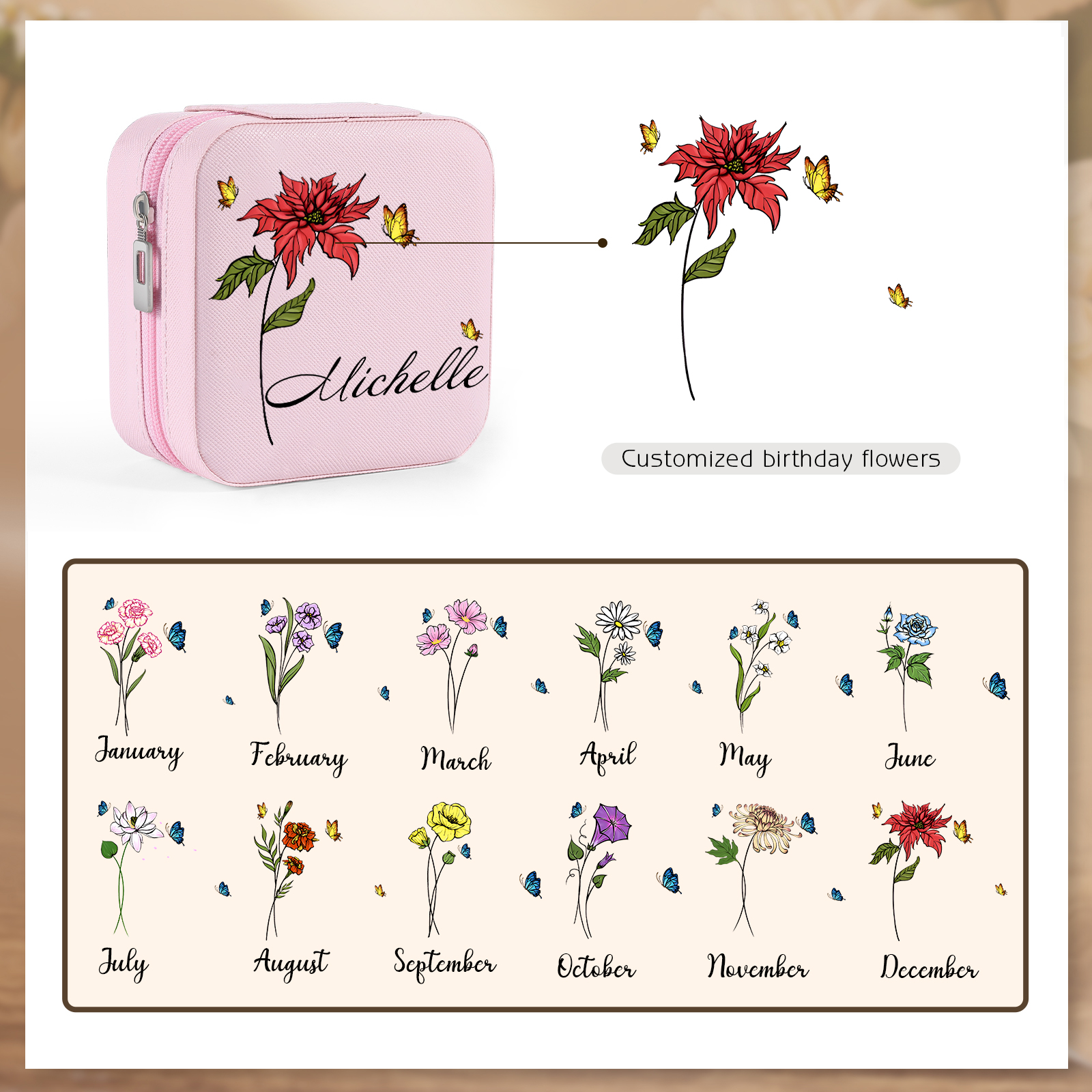 Boîte à Bijoux 1 Prénom Personnalisé avec Fleur de naissance | Jessemade