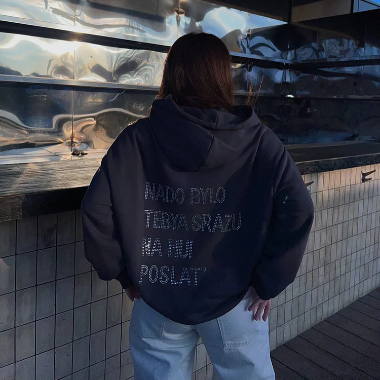Unisex Retro Oversized Street Style Hado Bylo Tebya Srazu Na Hui Poslat Hot Diamond Print Hoodie