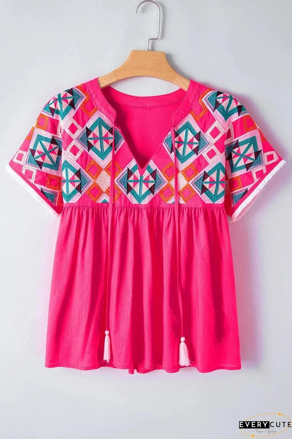 Strawberry Pink Geometric Embroidered Tassel Tie V Neck Blouse