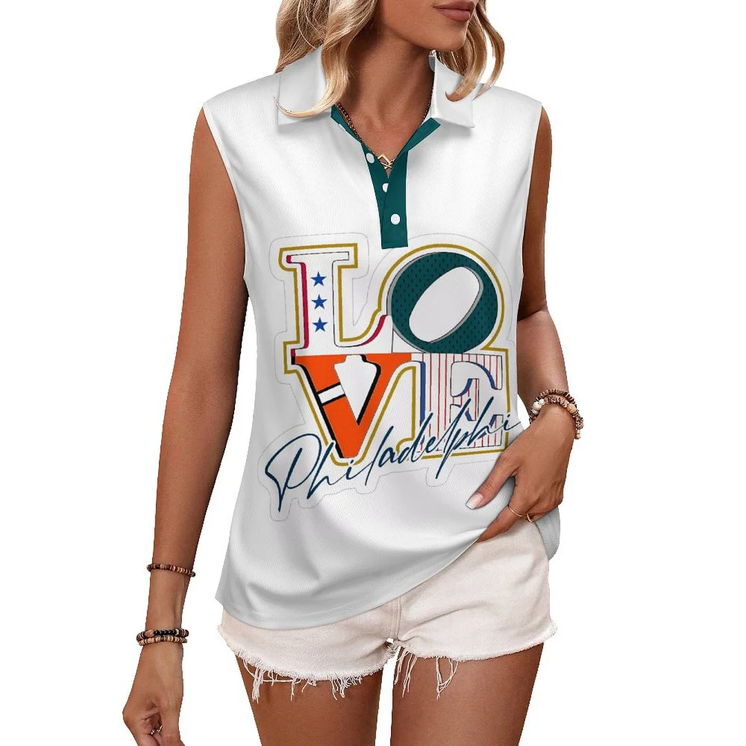 V-neck Sleeveless Casual POLO Shirt Tank Top for Women Printed with Pattern Philadelphia Phillies, Blue, Red