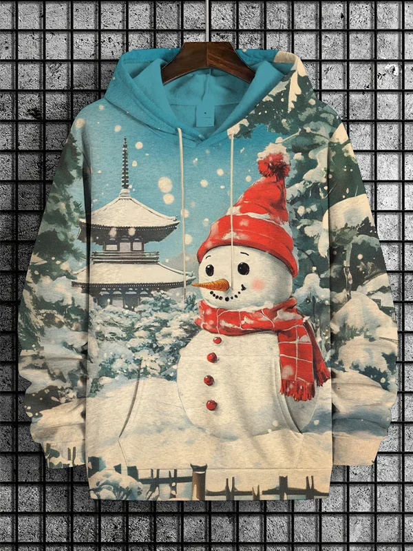 Men's Vintage Christmas Snowman And Landscape Japanese Art Print Hooded Sweatshirt