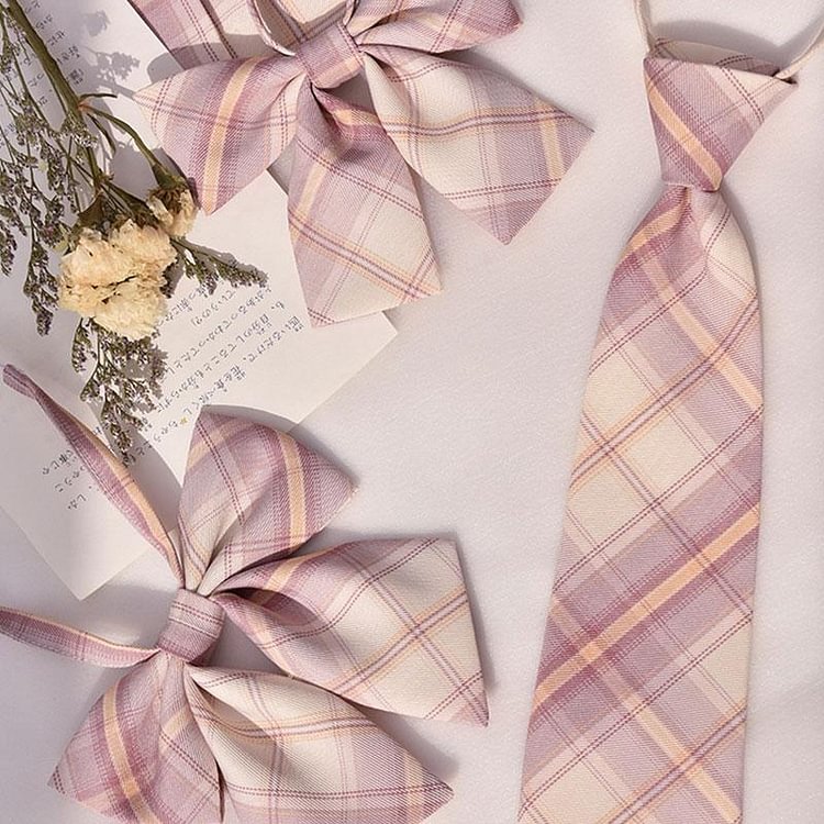 Sweet School Plaid Pink Bowknot Tie Shirt Accessories - Modakawa Modakawa
