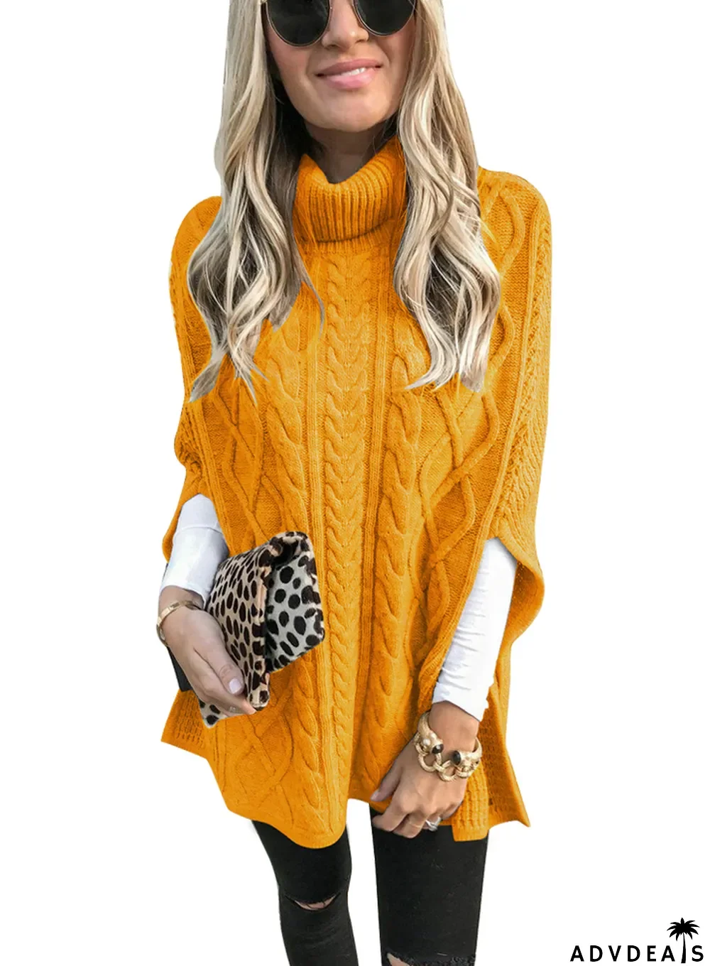 Winter Turtleneck Slit Sleeve Long Pullover Sweater