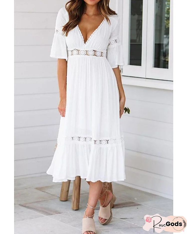 Women's Swing Dress Midi Dress - Half Sleeve Solid Colored Summer Spring & Summer V Neck Hot Beach Vacation Dresses Flare Cuff Sleeve White / Sexy White Dresses