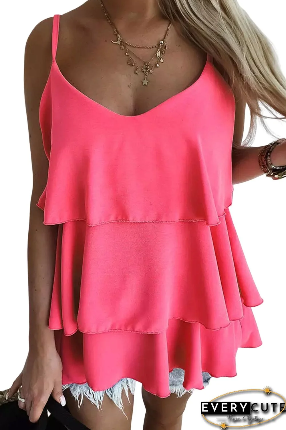 Rose Ruffle Tiered Spaghetti Strap Tank Top