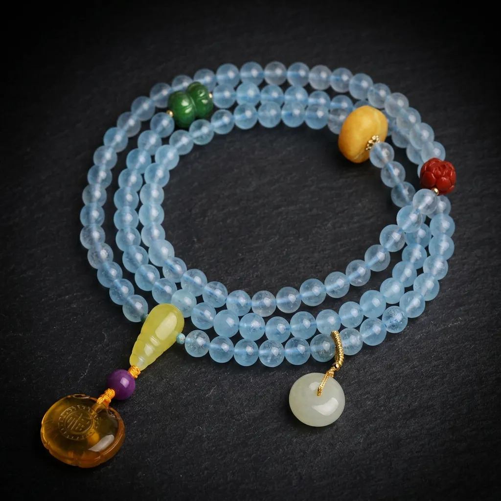 Serene Azure: 108-Bead Natural Ice-Clear Aquamarine Multi-Wrap Bracelet Ice-Clear Azure with Multi-Gem Accents