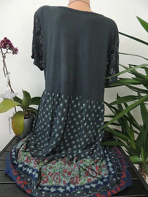 Women Short Sleeve Scoop Neck Floral Printed Lace Stitching Tops