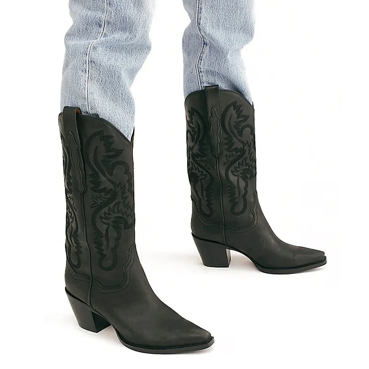 Women's Embroidered Pointed Toe Thick Heel Western Boots