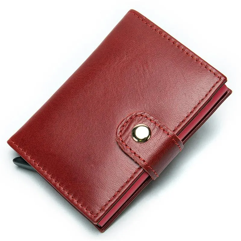 Simple Design RFID Protection Magnetic Closure Two Fold Genuine Leather Card Holder Mini Wallet