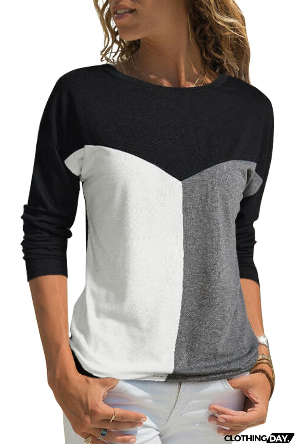 Color Block Splicing O-Neck Blouse