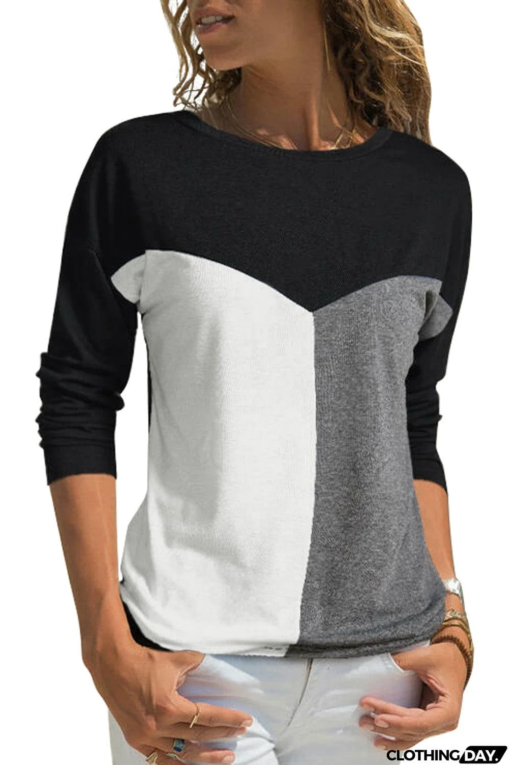 Color Block Splicing O-Neck Blouse