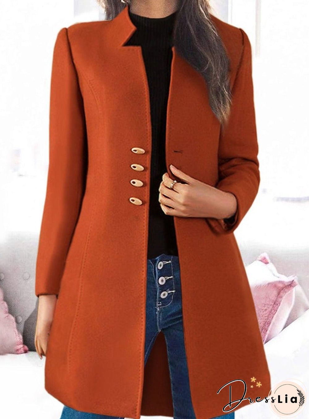 Collarless Autumn And Winter Mid Length Coat