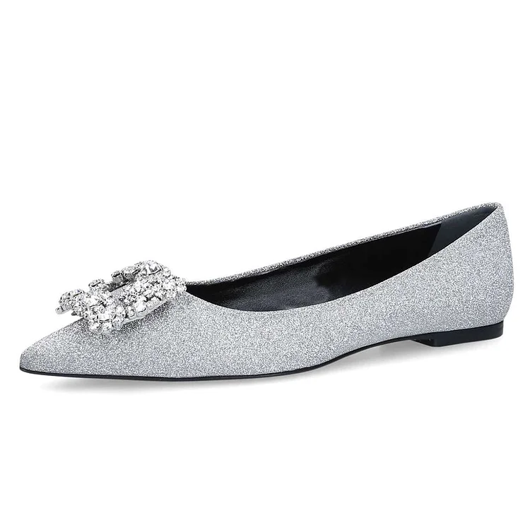 Silver Pointed Toe Comfortable Flats with Damonds by FSJ Shoes |FSJ Shoes