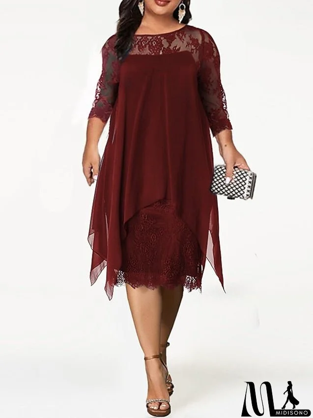 Women's Plus Size Party Dress Solid Color Crew Neck Lace 3/4 Length Sleeve Spring Summer Casual Prom Dress Midi Dress Party Work Dress / Lace Dress / Homecoming Dress
