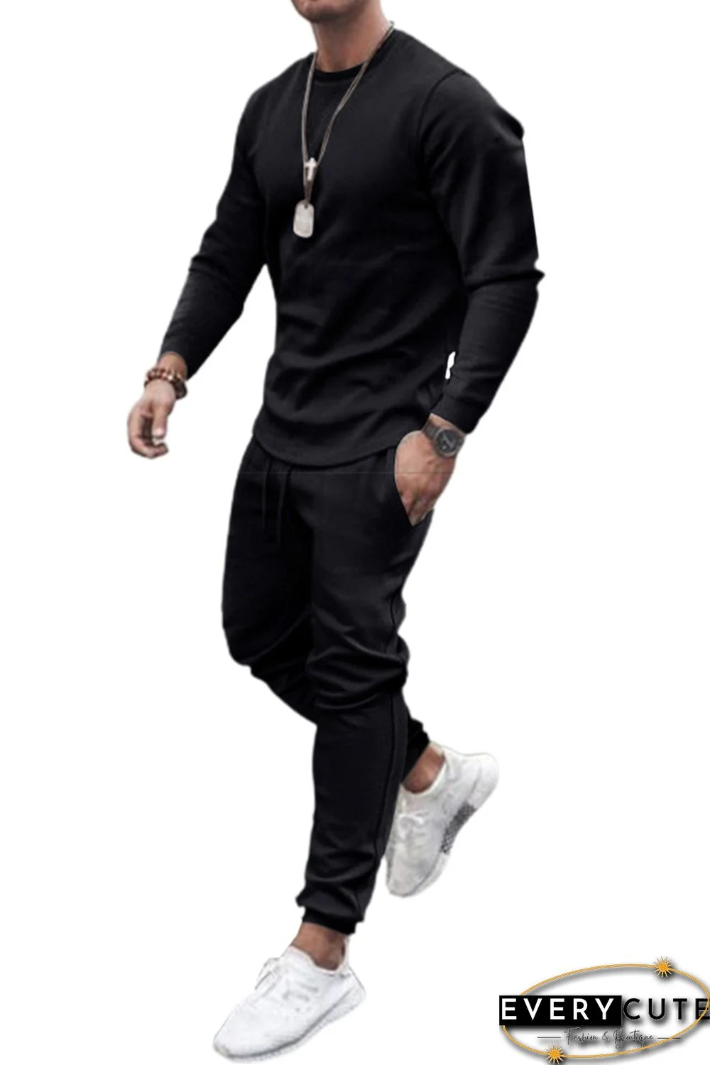 Two-piece Crew Neck Elastic Waist Men's Sweatshirt Set