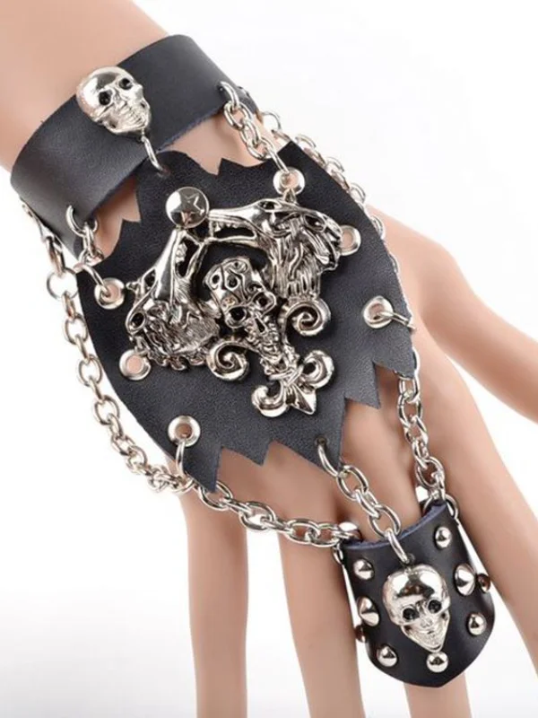 Punk Style Stage Costumes Skull Rivet Chain-trimmed PU Bracelet with Ring