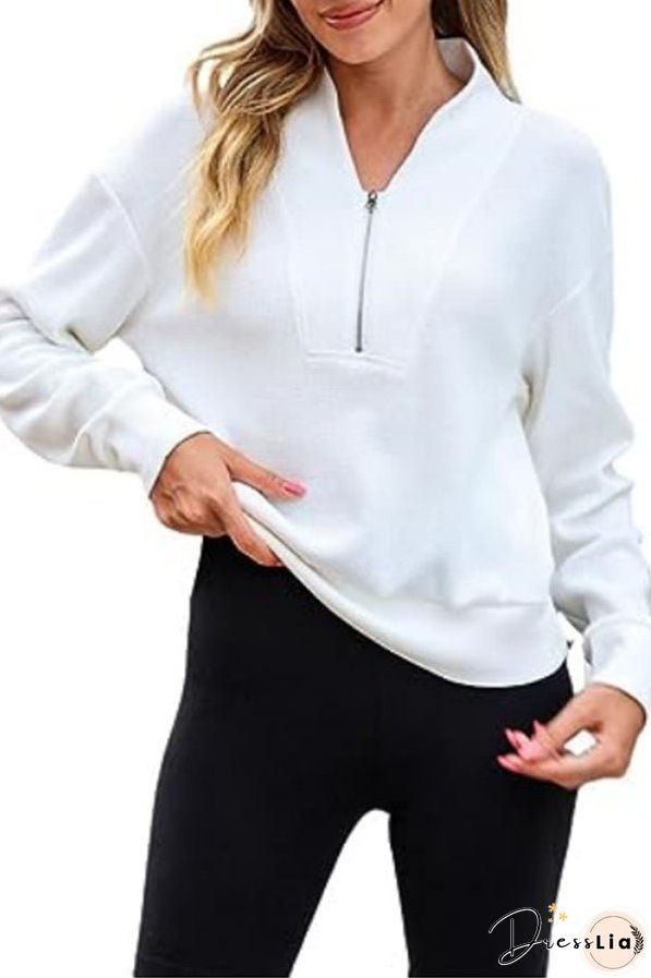 Waffle zipper V-neck pullover long-sleeved sweater