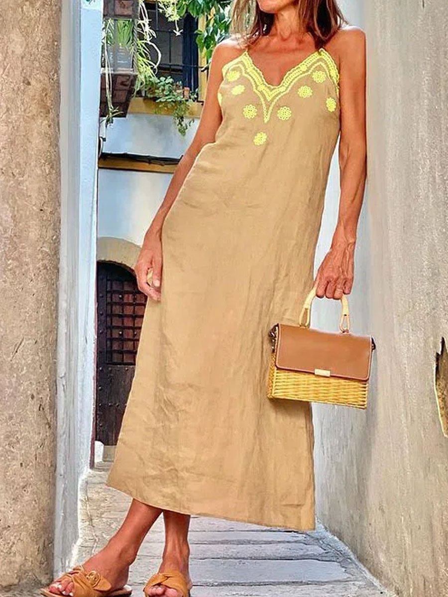 V-neck Embroidered Casual Loose Sleeveless Maxi Dress