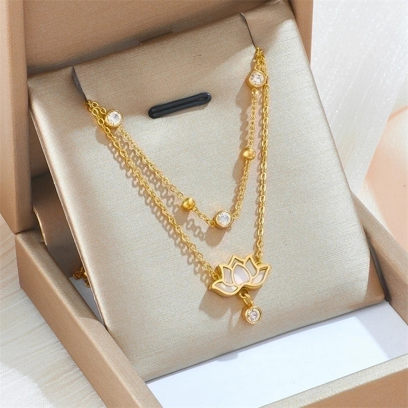 Titanium Steel 18K Gold Plated Sweet Inlay Flower Acrylic Pendant Necklace