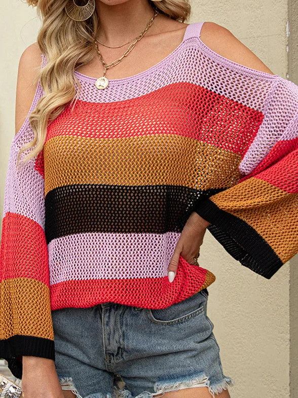 Women's Scoop Neck Long Sleeve Striped Top Knit Sweater