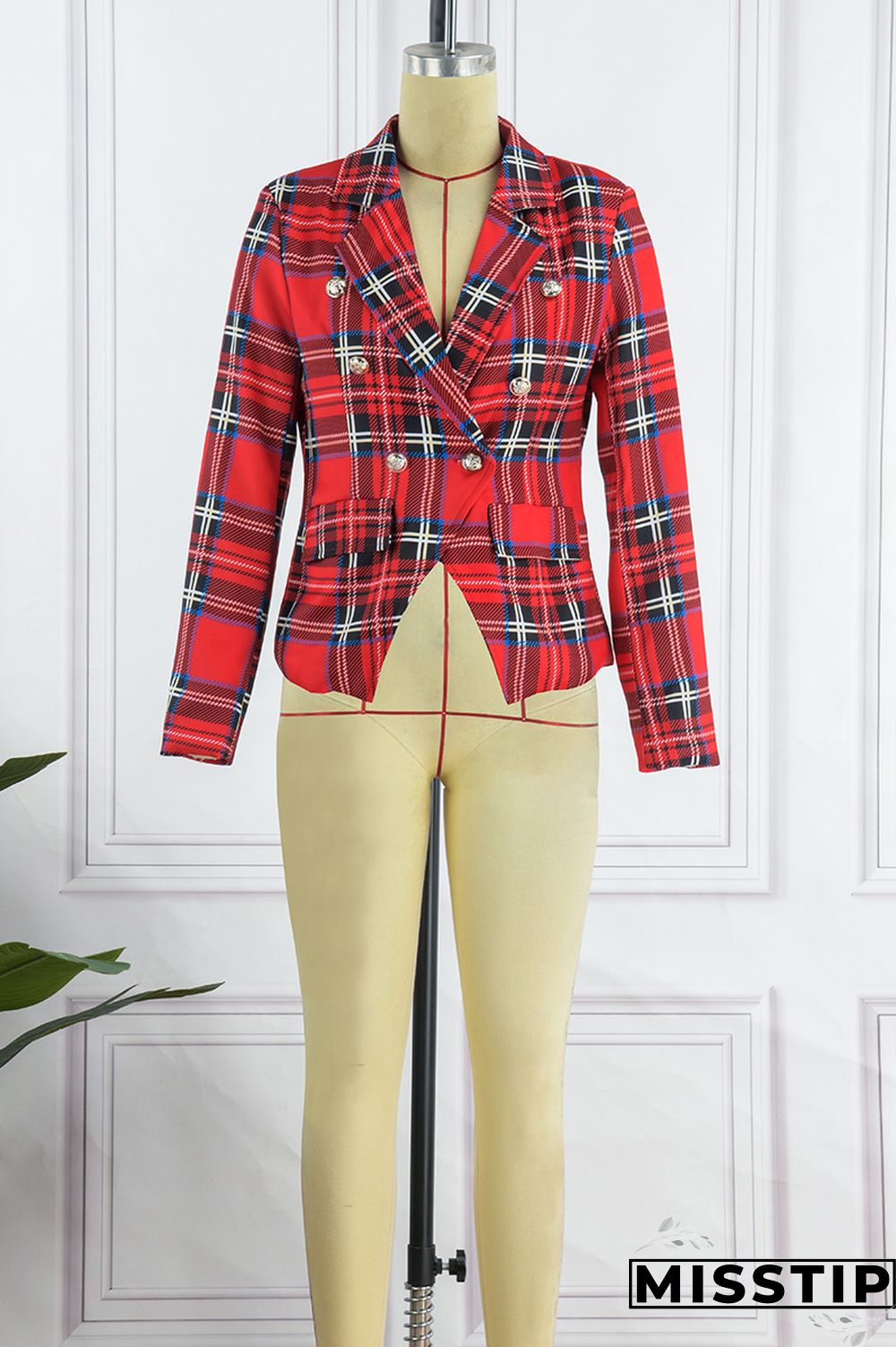 Blue Street Plaid Patchwork Turndown Collar Outerwear