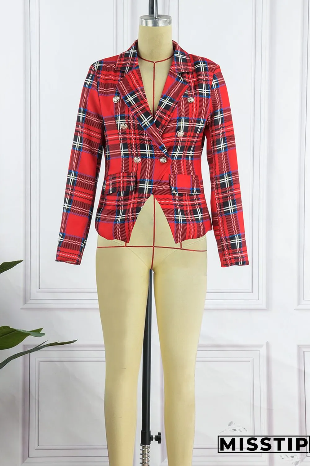 Blue Street Plaid Patchwork Turndown Collar Outerwear