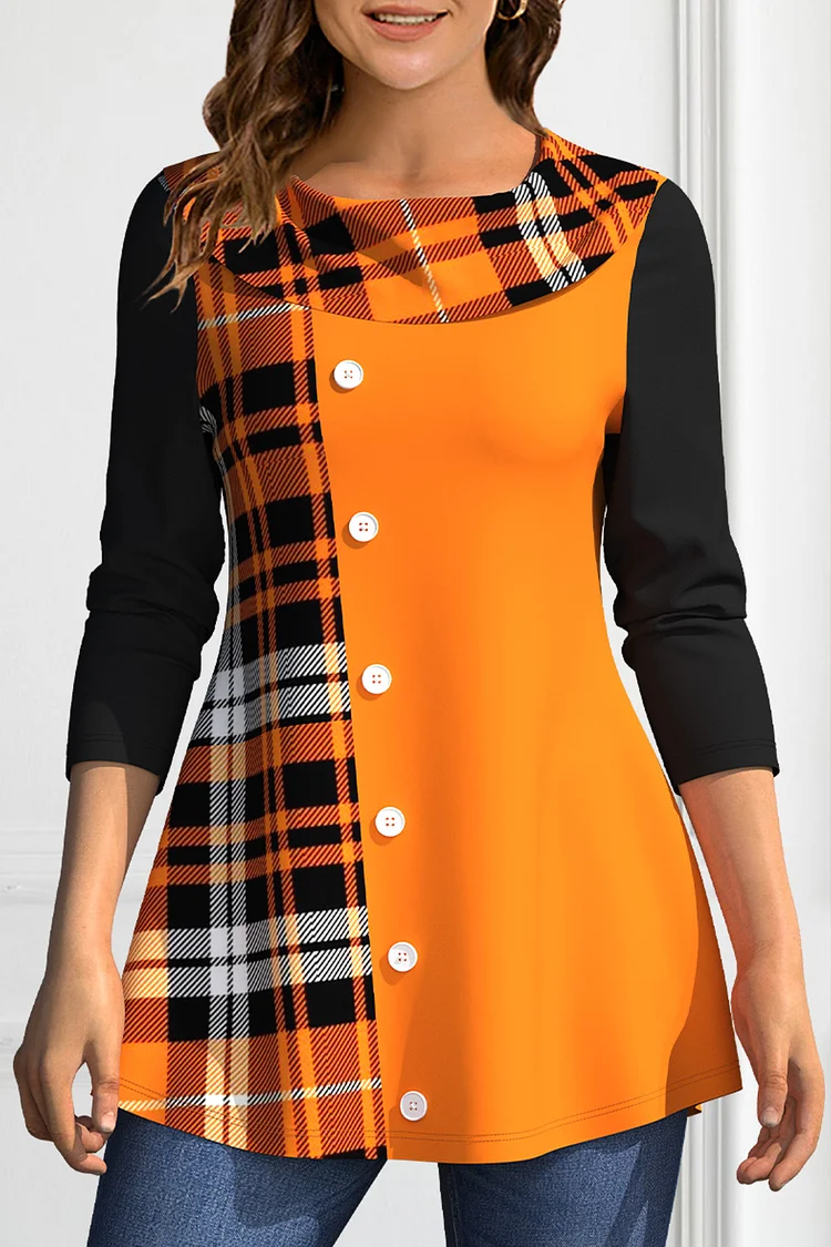 Flycurvy Plus Size Casual Orange Plaid Print Patchwork Button Blouse