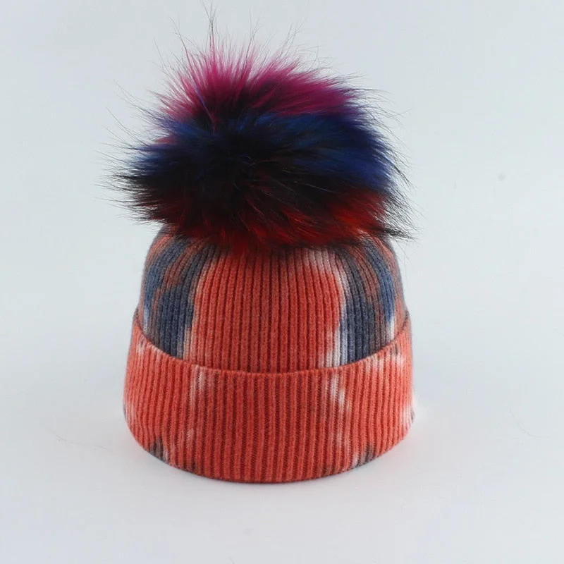 2021 New Fashion Winter Thicken Knitted Hats Warm Real Racoon Fur Pompom Unisex Beanie Tie-dyed Cap Adults Head Cover