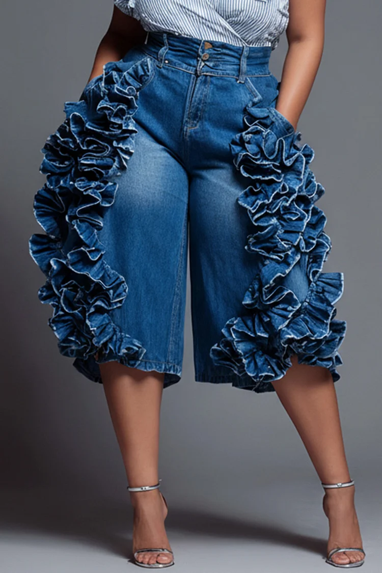 Xpluswear Design Plus Size Party Blue Ruffle Pocket Denim Jeans [Pre-Order] 2024 - Xpluswear