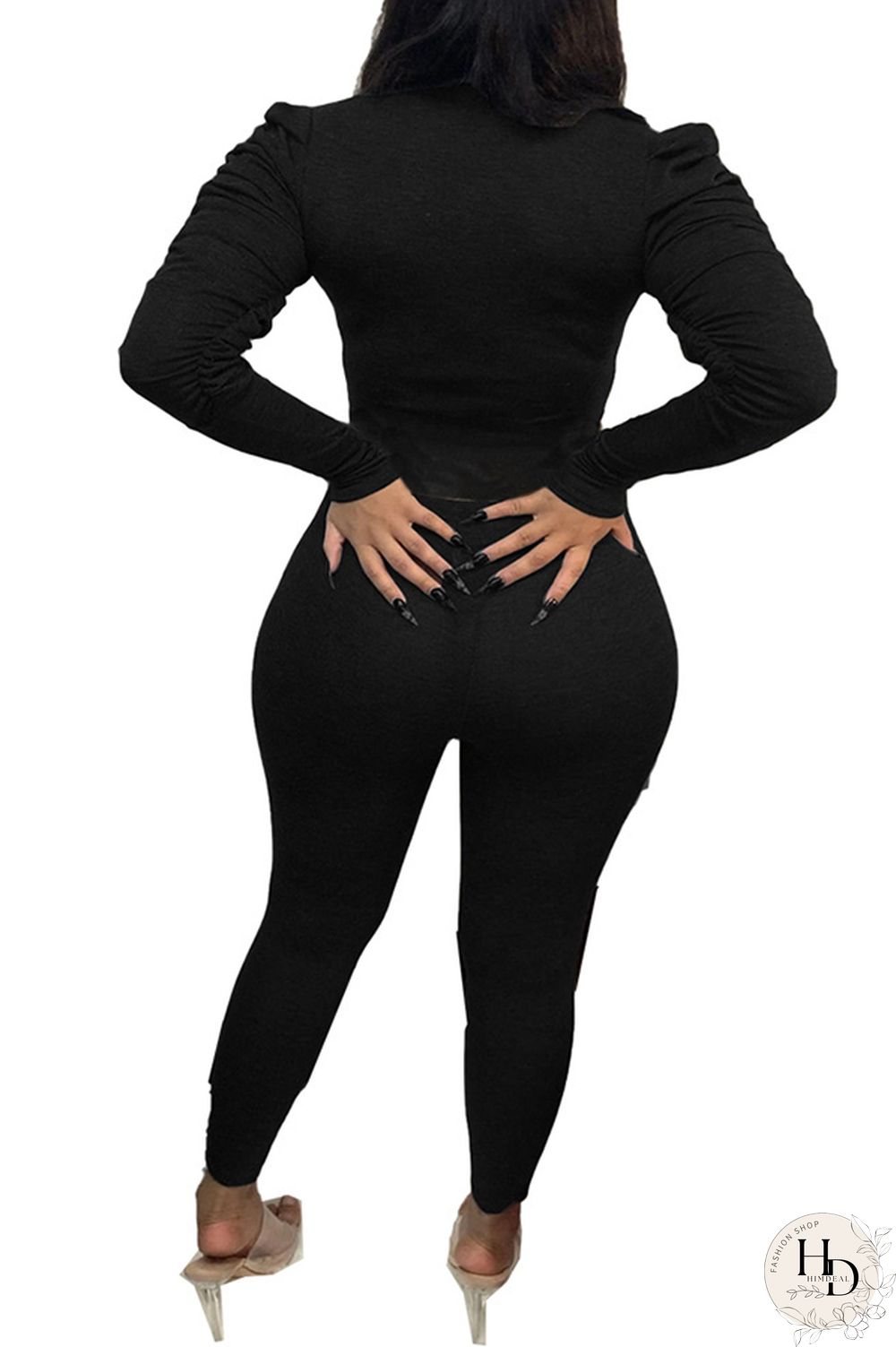 Black Polyester Casual Two Piece Suits Solid pencil Long Sleeve Two-piece Pants Set