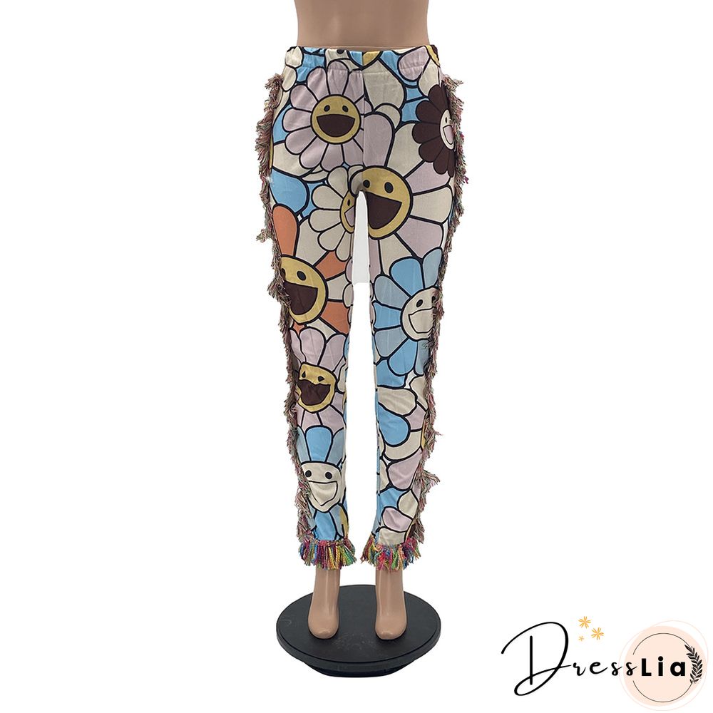 Side Tassels Patchwork Elastic Waist Women Print Jogger Pant